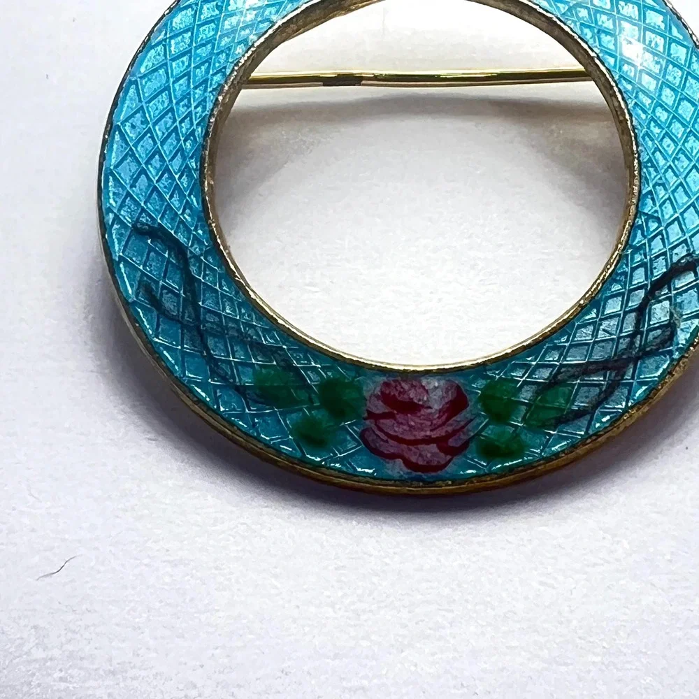Vintage Guilloché‎ Blue Pink Rose Circle Pin Midcentury Grandma Love Gratitude